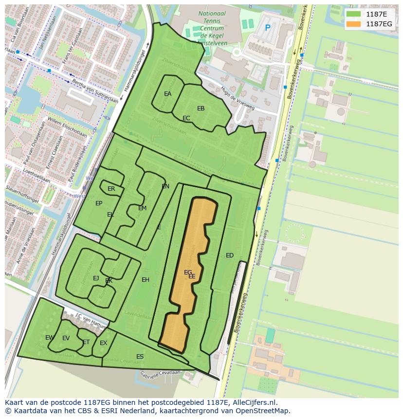 Afbeelding van het postcodegebied 1187 EG op de kaart.