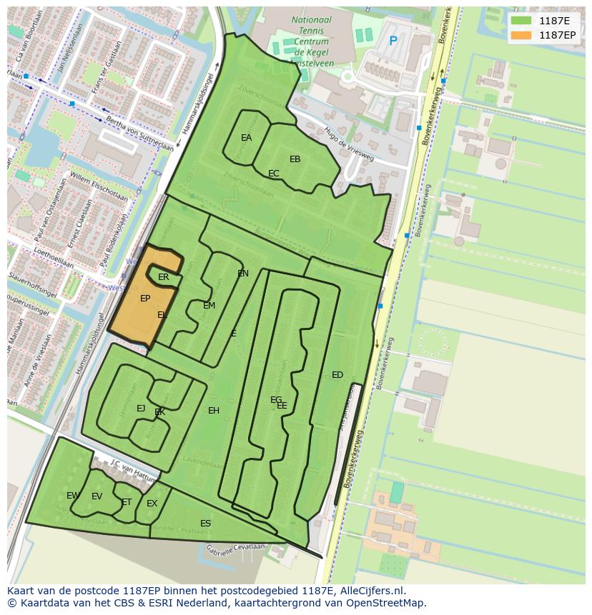 Afbeelding van het postcodegebied 1187 EP op de kaart.