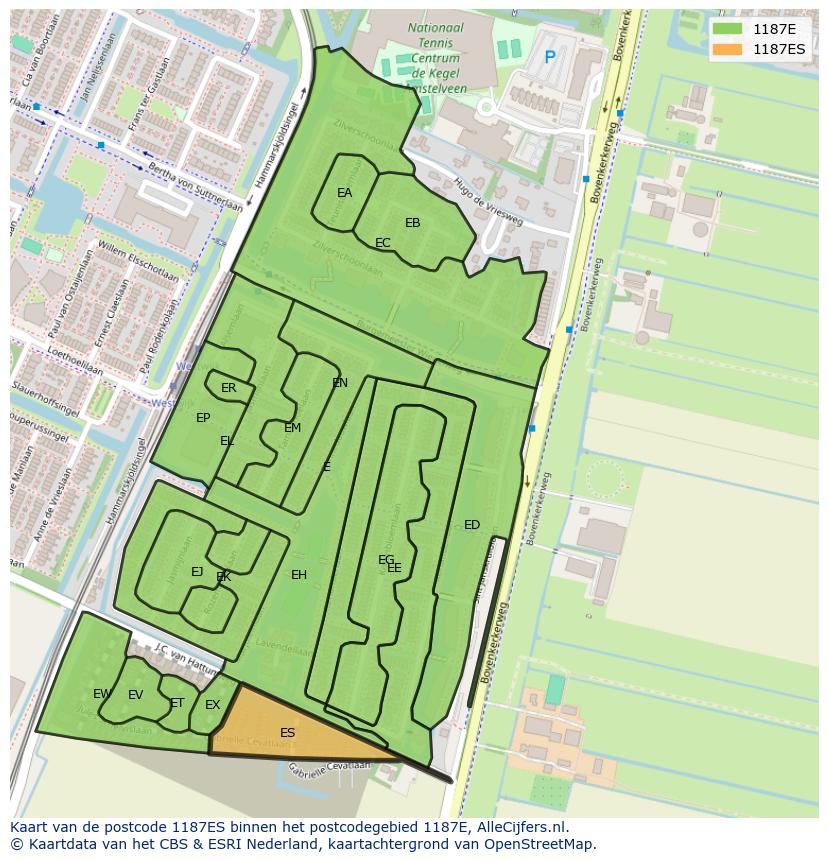 Afbeelding van het postcodegebied 1187 ES op de kaart.