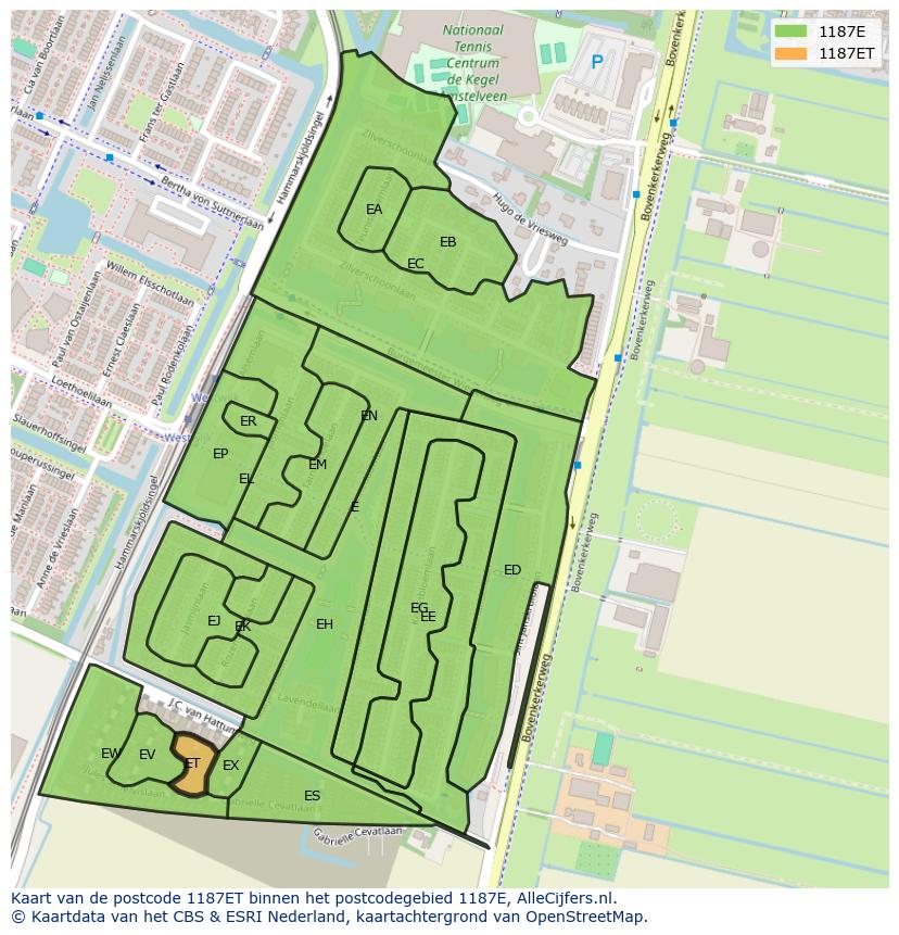 Afbeelding van het postcodegebied 1187 ET op de kaart.