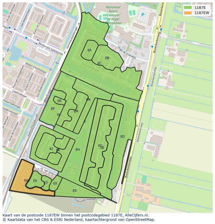 Afbeelding van het postcodegebied 1187 EW op de kaart.