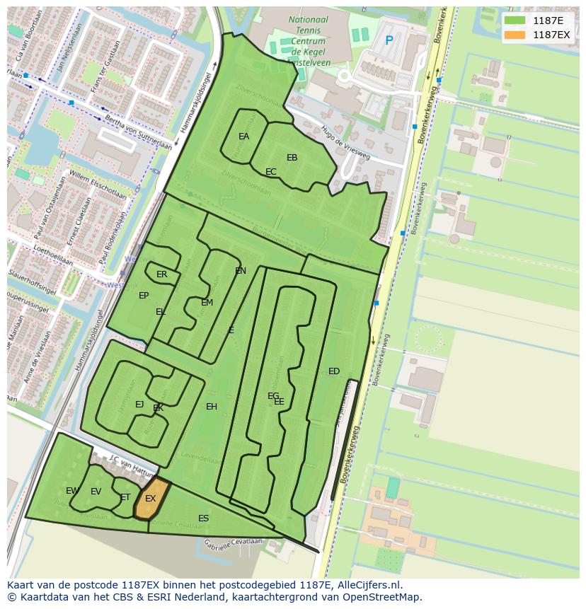 Afbeelding van het postcodegebied 1187 EX op de kaart.