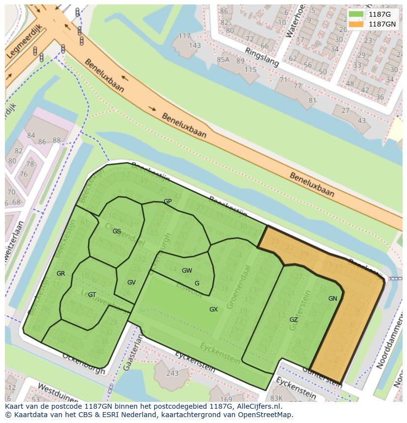 Afbeelding van het postcodegebied 1187 GN op de kaart.