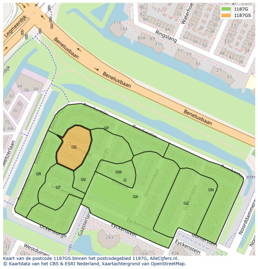 Afbeelding van het postcodegebied 1187 GS op de kaart.