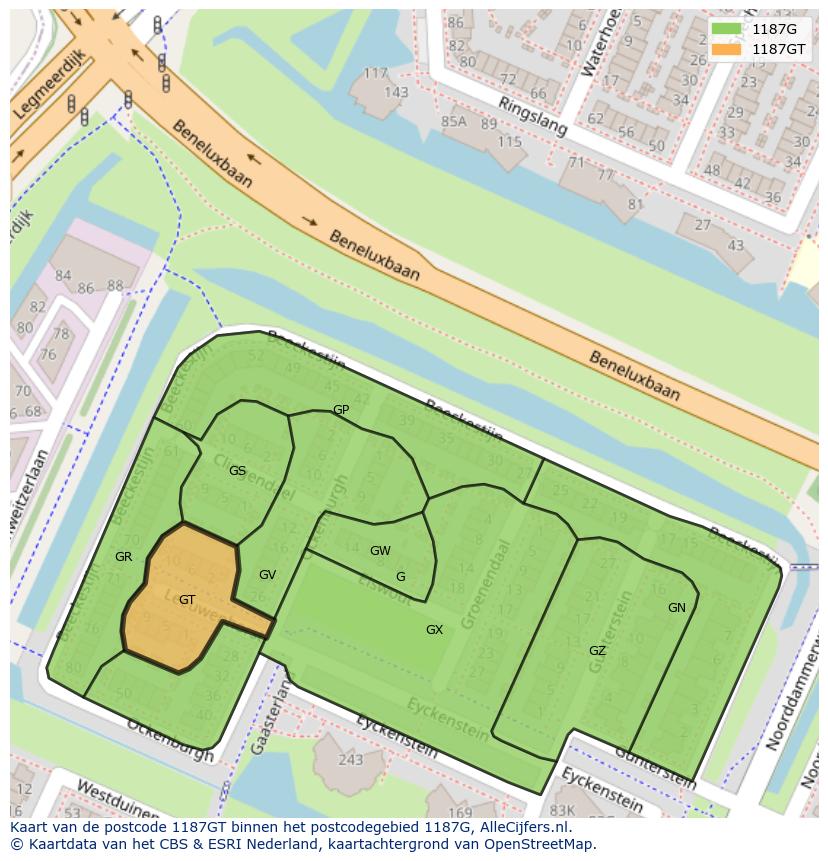 Afbeelding van het postcodegebied 1187 GT op de kaart.