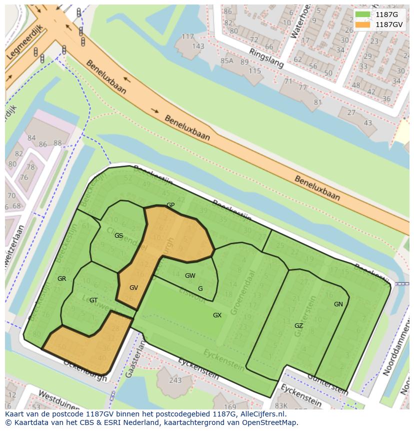Afbeelding van het postcodegebied 1187 GV op de kaart.