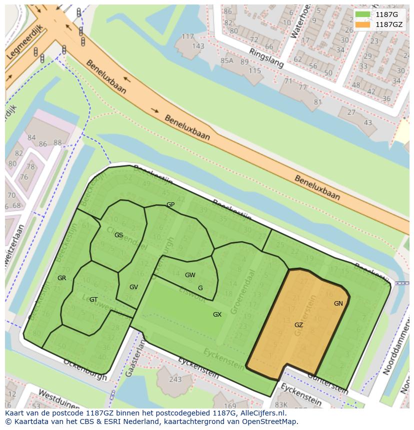 Afbeelding van het postcodegebied 1187 GZ op de kaart.