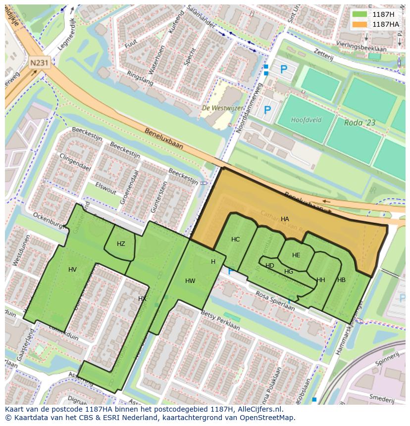 Afbeelding van het postcodegebied 1187 HA op de kaart.