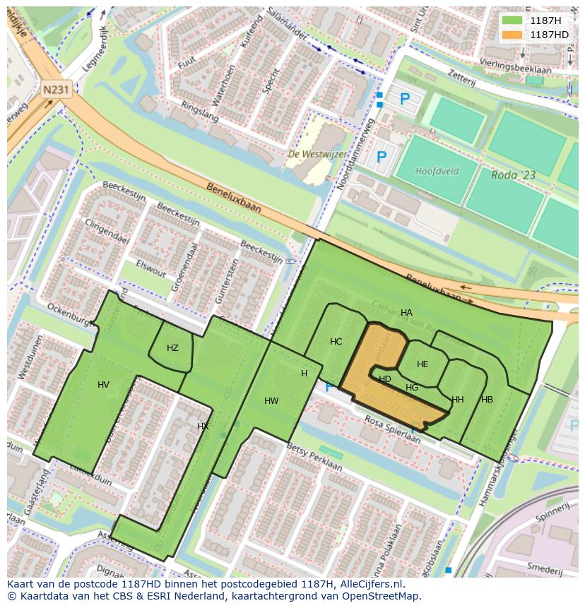 Afbeelding van het postcodegebied 1187 HD op de kaart.