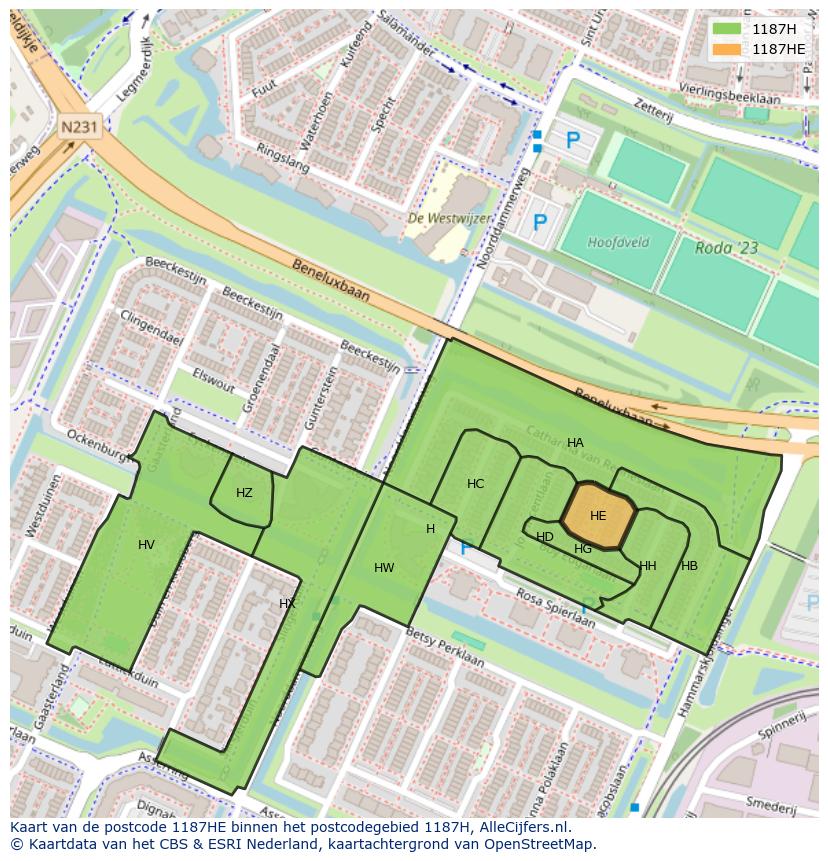 Afbeelding van het postcodegebied 1187 HE op de kaart.