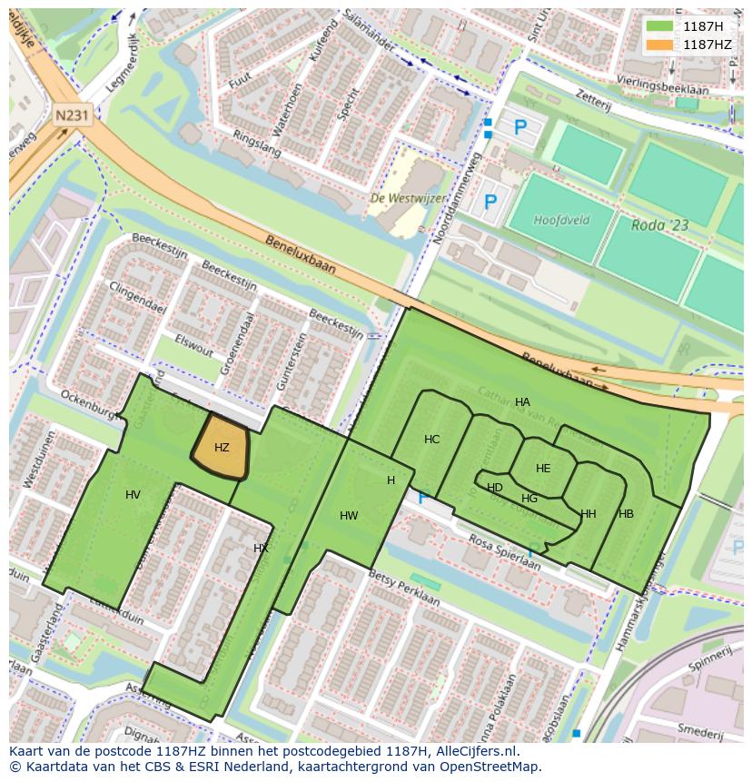 Afbeelding van het postcodegebied 1187 HZ op de kaart.