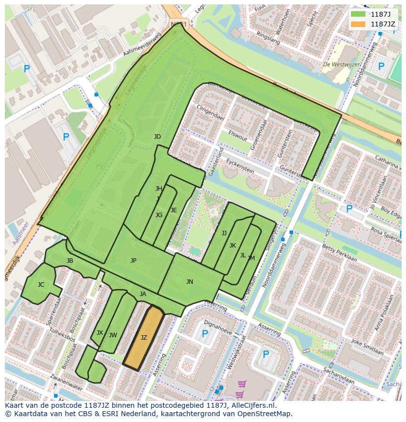Afbeelding van het postcodegebied 1187 JZ op de kaart.