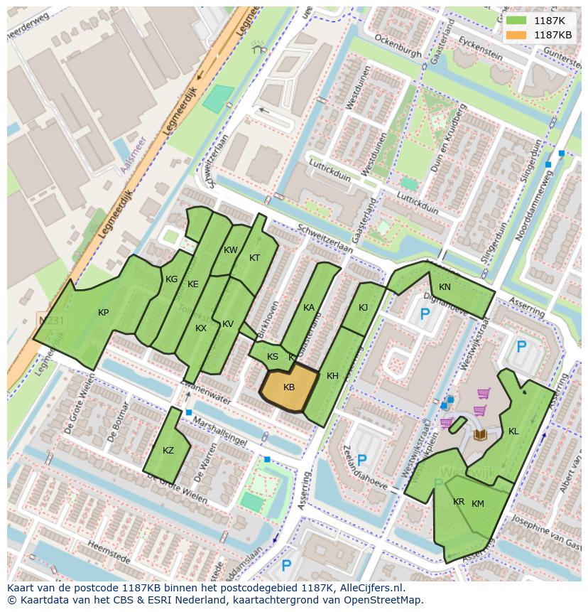 Afbeelding van het postcodegebied 1187 KB op de kaart.