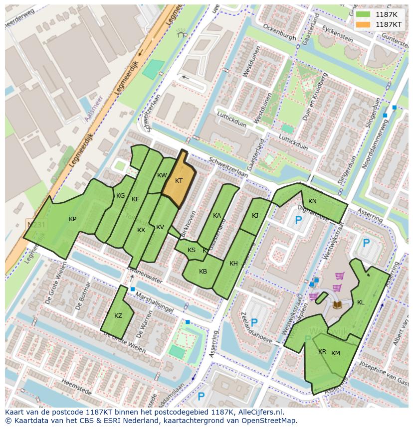 Afbeelding van het postcodegebied 1187 KT op de kaart.