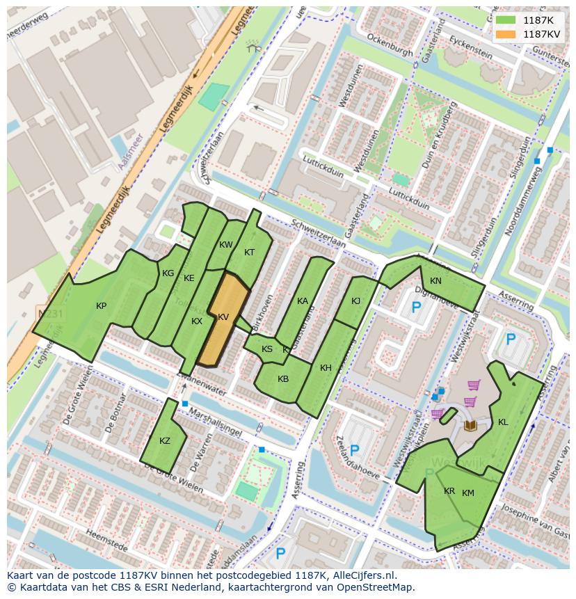 Afbeelding van het postcodegebied 1187 KV op de kaart.