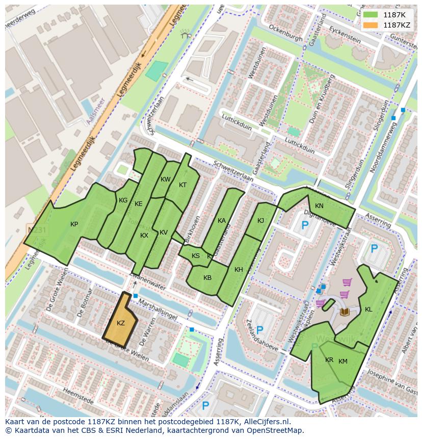 Afbeelding van het postcodegebied 1187 KZ op de kaart.