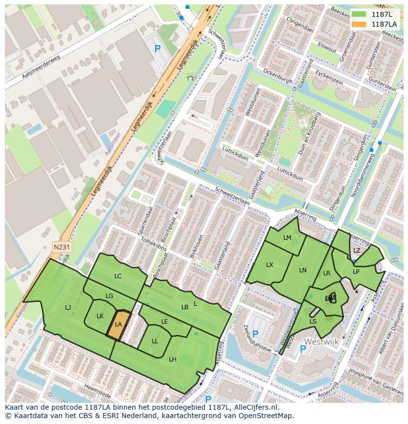 Afbeelding van het postcodegebied 1187 LA op de kaart.