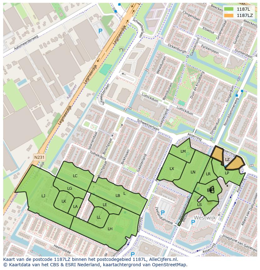Afbeelding van het postcodegebied 1187 LZ op de kaart.
