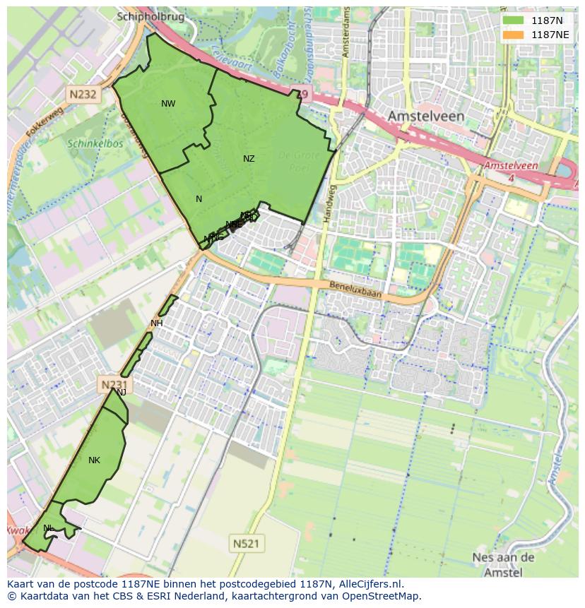 Afbeelding van het postcodegebied 1187 NE op de kaart.