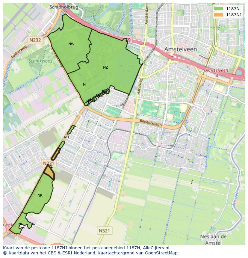 Afbeelding van het postcodegebied 1187 NJ op de kaart.