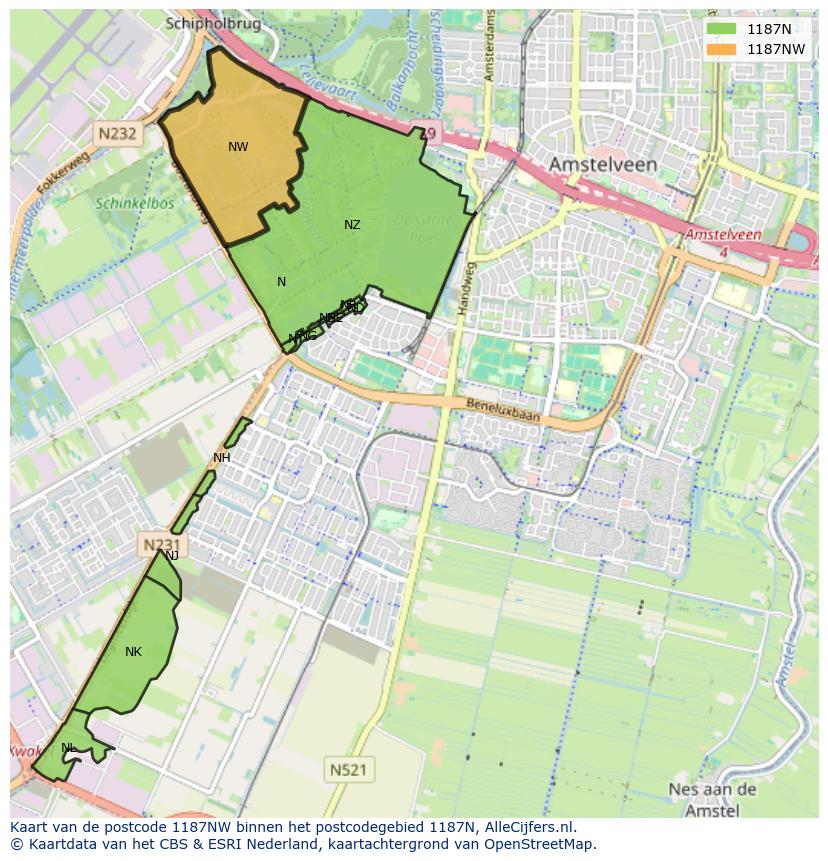 Afbeelding van het postcodegebied 1187 NW op de kaart.