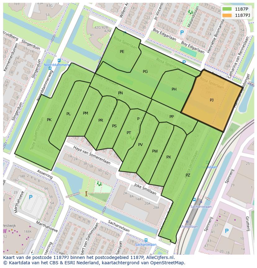 Afbeelding van het postcodegebied 1187 PJ op de kaart.