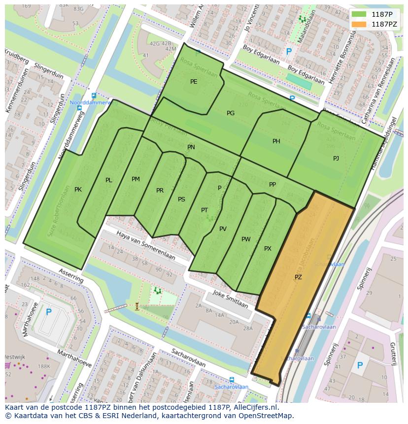 Afbeelding van het postcodegebied 1187 PZ op de kaart.