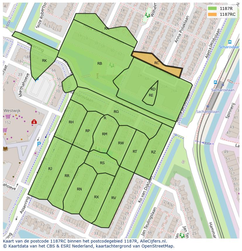 Afbeelding van het postcodegebied 1187 RC op de kaart.