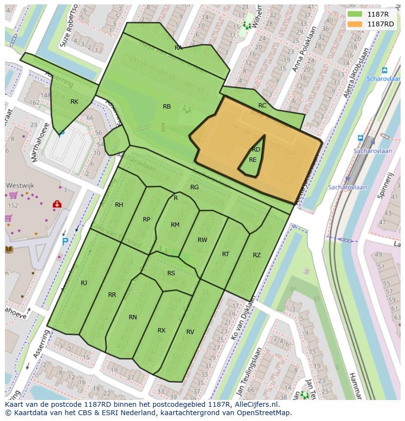 Afbeelding van het postcodegebied 1187 RD op de kaart.
