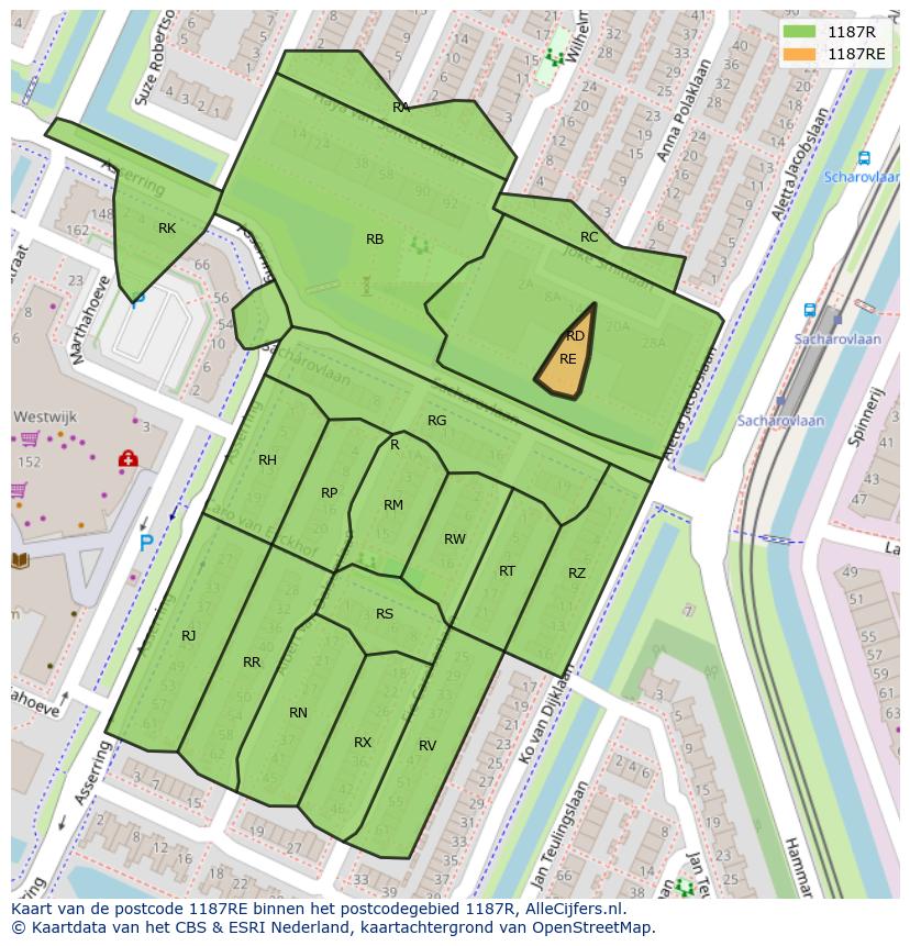 Afbeelding van het postcodegebied 1187 RE op de kaart.
