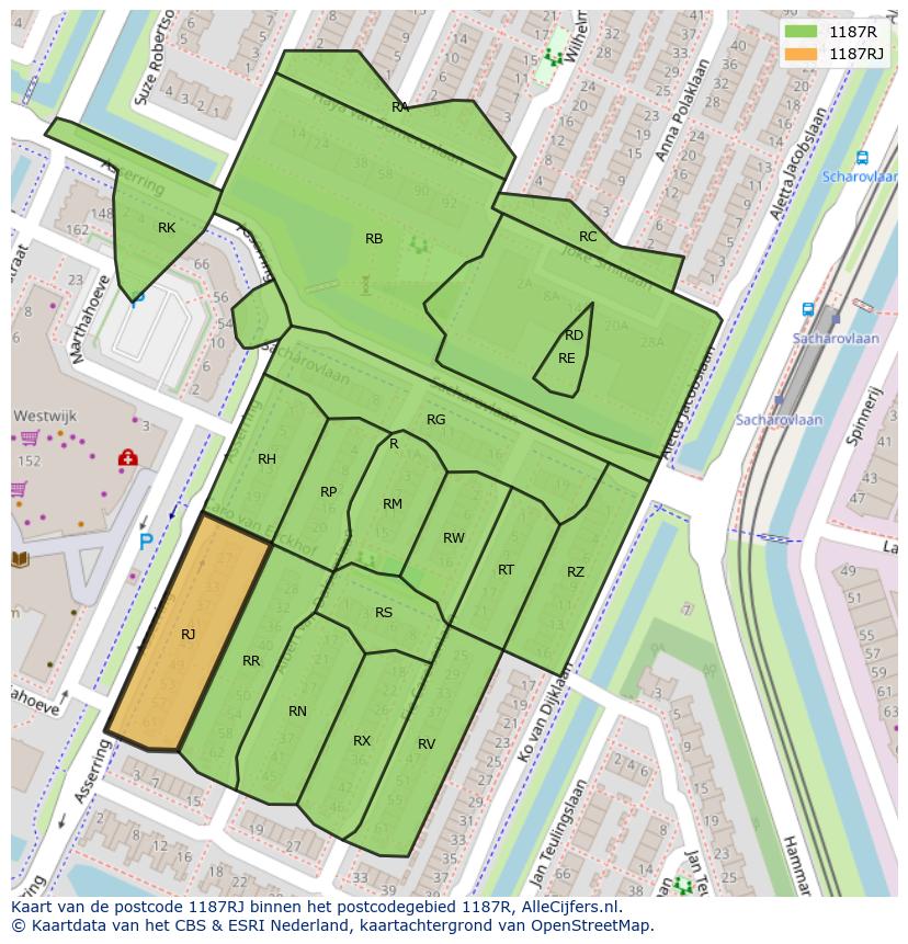 Afbeelding van het postcodegebied 1187 RJ op de kaart.
