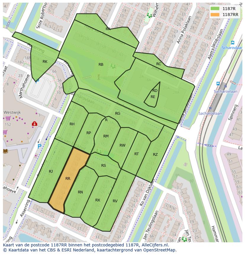 Afbeelding van het postcodegebied 1187 RR op de kaart.