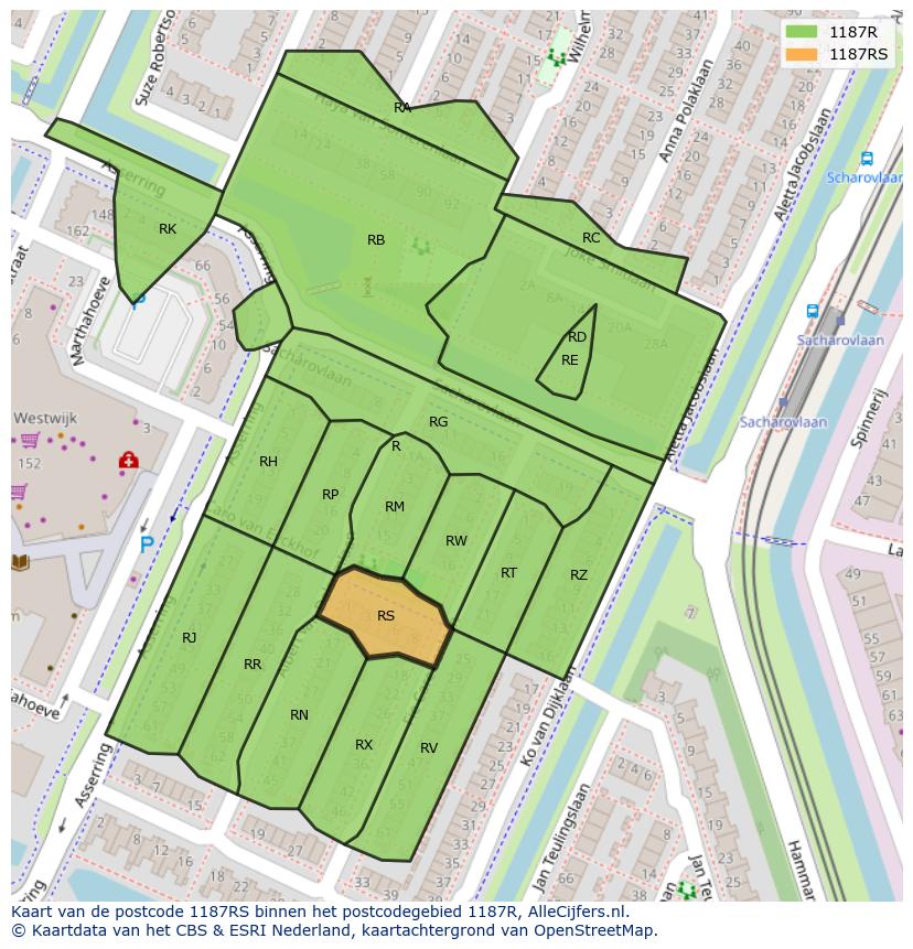Afbeelding van het postcodegebied 1187 RS op de kaart.