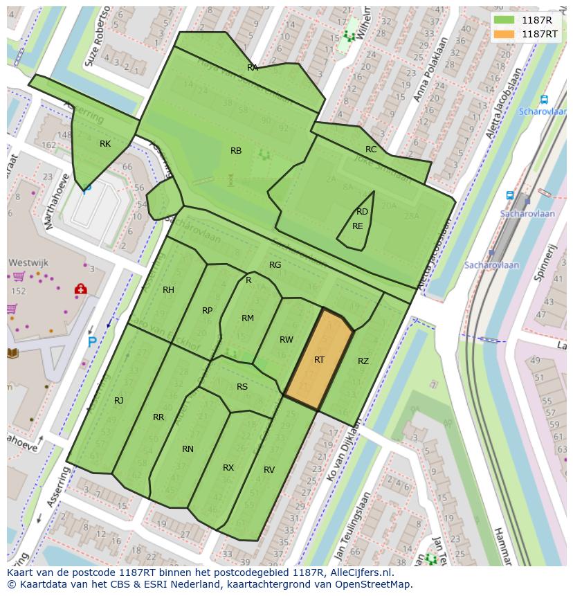 Afbeelding van het postcodegebied 1187 RT op de kaart.