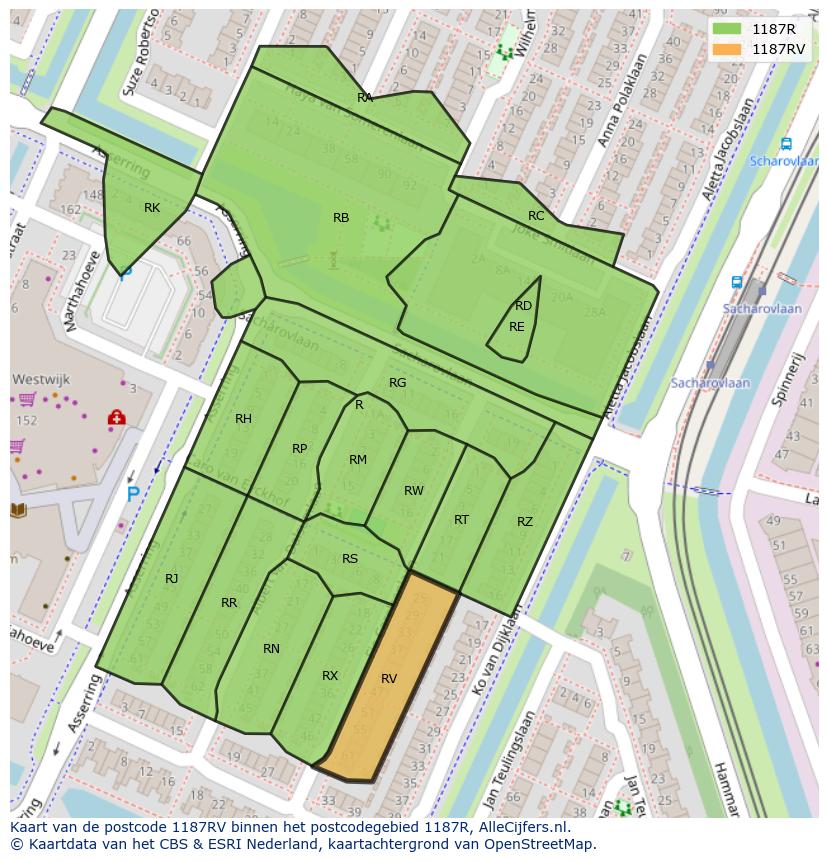 Afbeelding van het postcodegebied 1187 RV op de kaart.