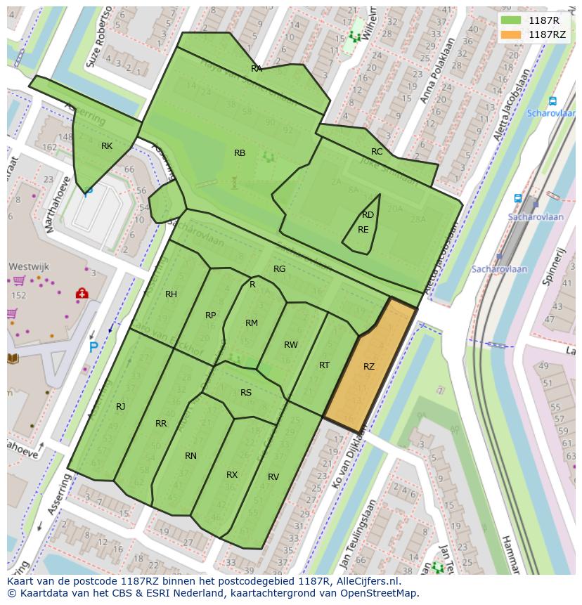 Afbeelding van het postcodegebied 1187 RZ op de kaart.