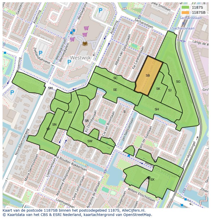 Afbeelding van het postcodegebied 1187 SB op de kaart.