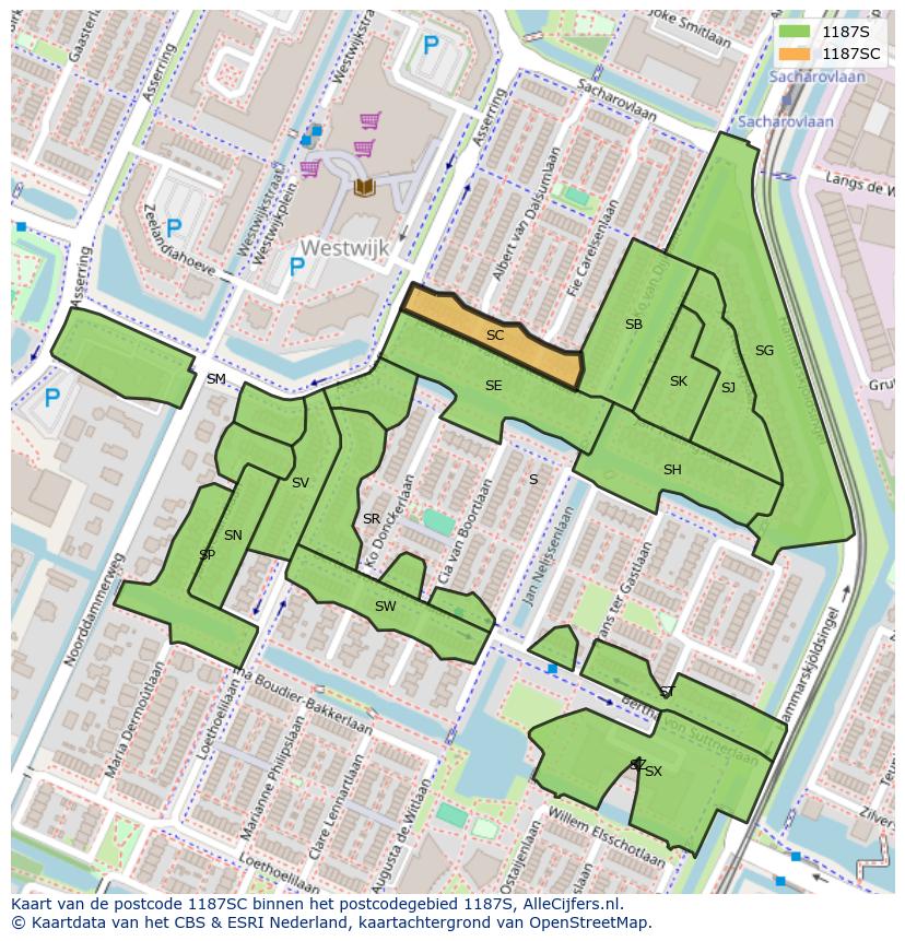 Afbeelding van het postcodegebied 1187 SC op de kaart.