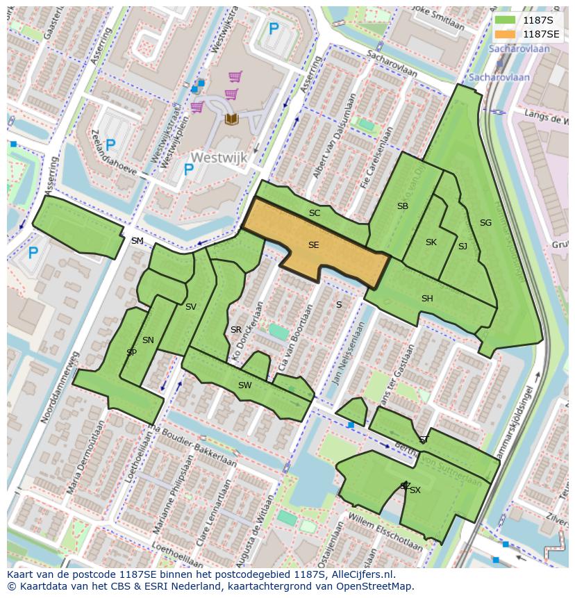 Afbeelding van het postcodegebied 1187 SE op de kaart.