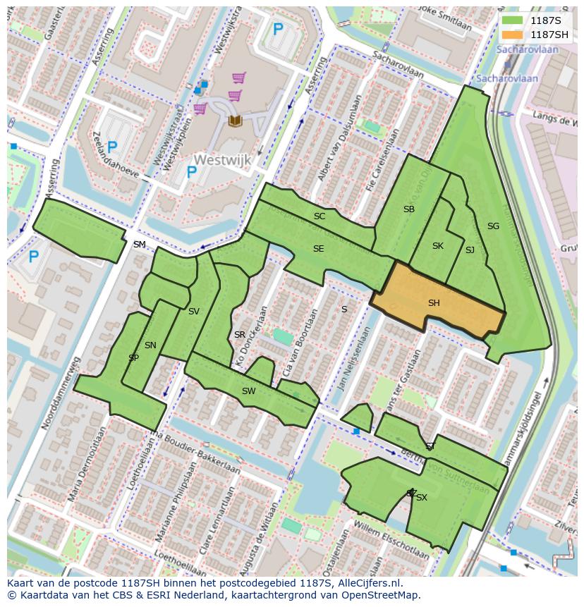 Afbeelding van het postcodegebied 1187 SH op de kaart.