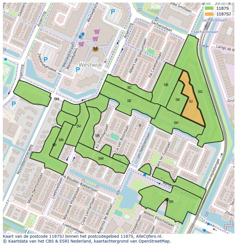 Afbeelding van het postcodegebied 1187 SJ op de kaart.