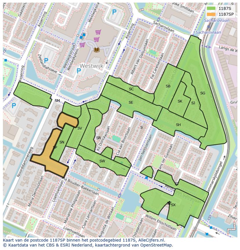 Afbeelding van het postcodegebied 1187 SP op de kaart.