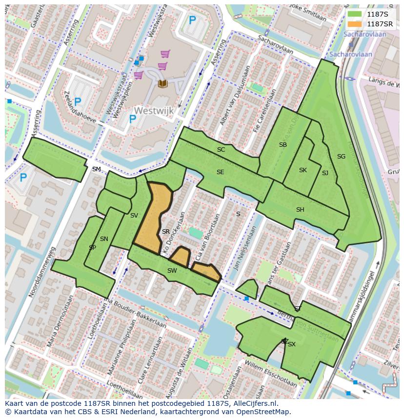 Afbeelding van het postcodegebied 1187 SR op de kaart.