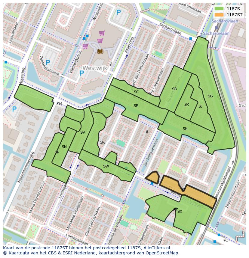 Afbeelding van het postcodegebied 1187 ST op de kaart.