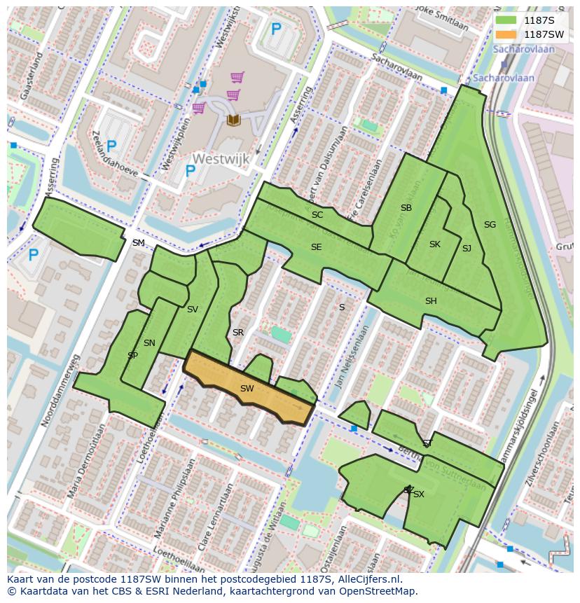 Afbeelding van het postcodegebied 1187 SW op de kaart.