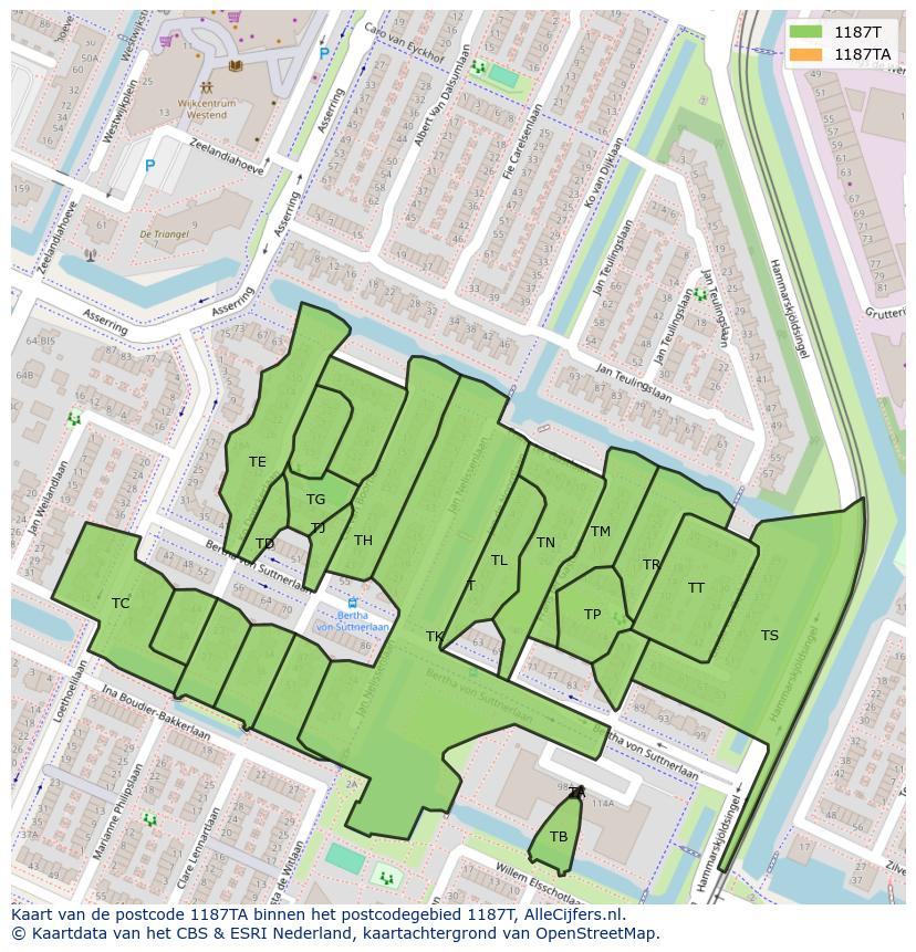 Afbeelding van het postcodegebied 1187 TA op de kaart.