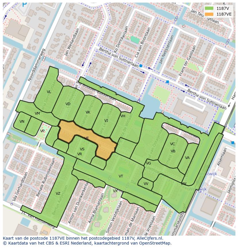 Afbeelding van het postcodegebied 1187 VE op de kaart.