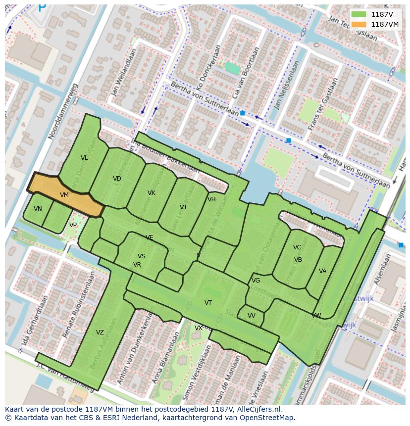 Afbeelding van het postcodegebied 1187 VM op de kaart.