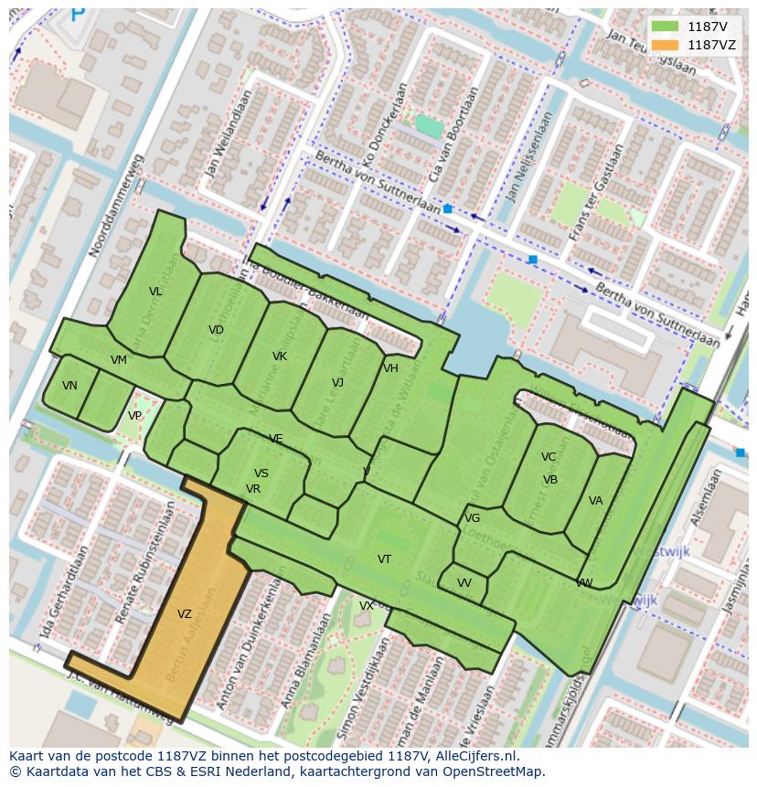 Afbeelding van het postcodegebied 1187 VZ op de kaart.