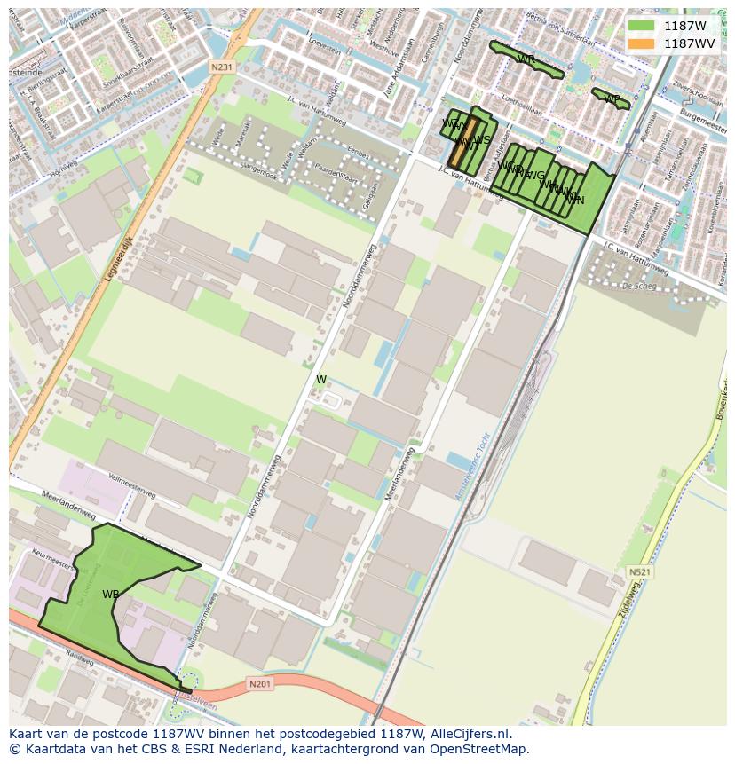 Afbeelding van het postcodegebied 1187 WV op de kaart.